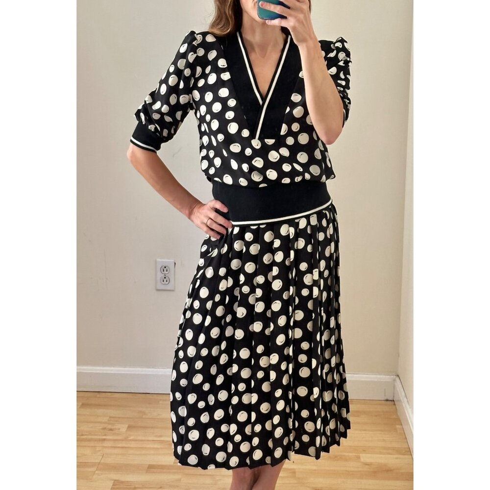 Vintage  Jonathan Martin 70s Polka Dot V-Neck Dress Pleated Bottom Sz Med